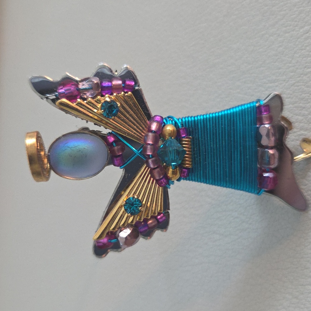 LizTech Gold and Blue 'Everyday Angel' Brooch with Shimmering Wings Signed 2007